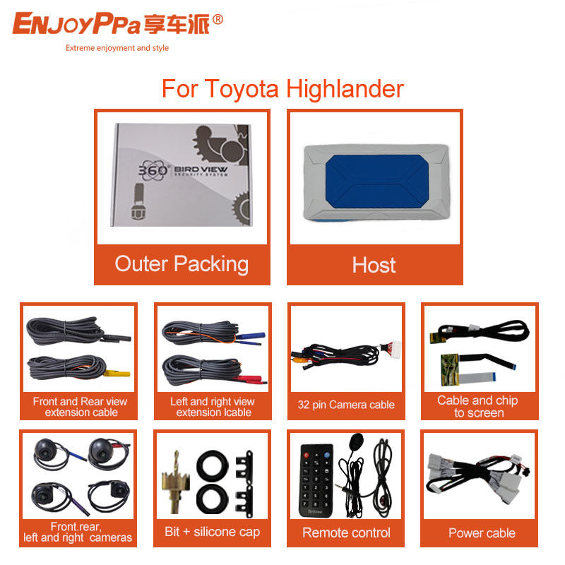 LCD Screen 360 Car Camera System For Toyota Highlander Waterproofing Bird View Cameras